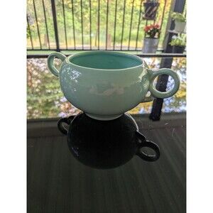 Mid Century Modern Vintage Mist Green Aqua Pottery Sugar Bowl Detailed Handles